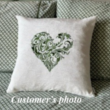 Load image into Gallery viewer, Abstract embroidered heart cushion in green thread - customer&#39;s own photo
