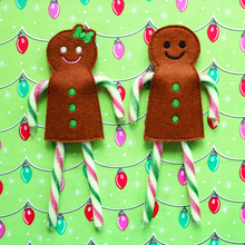 Load image into Gallery viewer, Gingerbread boy and girl candy cane holders
