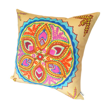 Load image into Gallery viewer, Indian Ocean Raj Sun cushion in bright colours on a cream background
