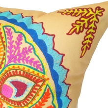 Load image into Gallery viewer, Indian Ocean Raj Sun pillow in jewel colours and decorative corner pattern
