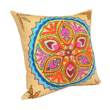 Load image into Gallery viewer, Indian Ocean Raj Sun pillow in vibrant jewel colours on a beige background
