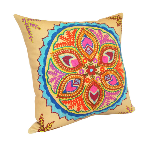 Indian Ocean Raj Sun pillow in vibrant jewel colours on a beige background