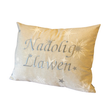 Load image into Gallery viewer, Nadolig Llawen cushion in silver right side view
