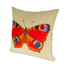 Load image into Gallery viewer, Peacock butterfly cushion viewed from the right side angle
