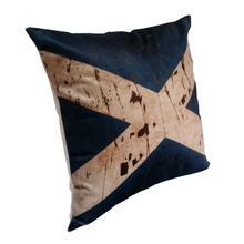 Load image into Gallery viewer, Left side view of a Scottish Flag / Saltire cushion with a mottled beige cross on a navy velvet background
