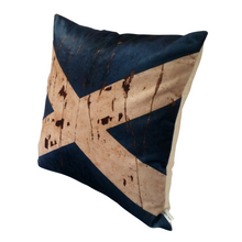 Load image into Gallery viewer, Right side view of a Scottish Flag / St. Andrews Cross cushion with a mottled beige cross on a navy velvet background
