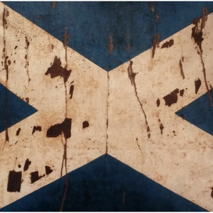 Close up view of the Scottish Flag cross in a mottled beige colour with dark brown 'splashes' on a navy velvet background