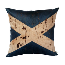 Load image into Gallery viewer, Scottish Flag cushion with a mottled beige cross on a navy velvet background
