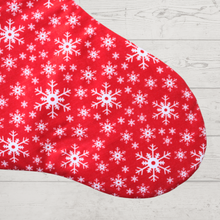 Load image into Gallery viewer, Snowflake Christmas stocking in red fabric
