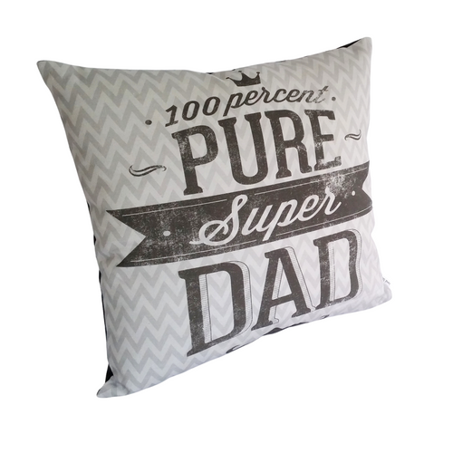 Super Dad cushion in black lettering on a grey chevron background