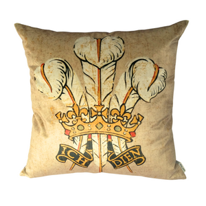 Three Feathers Prince of Wales cushion in beige velvet