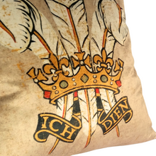 Load image into Gallery viewer, Three Feathers cushion close up of the golden crown and the words Ich Dien

